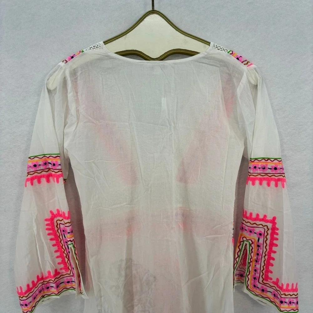 Debbie Katz Cover Up Mini Dress XS White Pink Summer Boho Beach Vacation - Picture 5 of 14